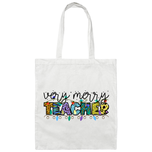 Very Merry Teacher, Merry Christmas, Trendy Christmas, Xmas Lights Canvas Tote Bag