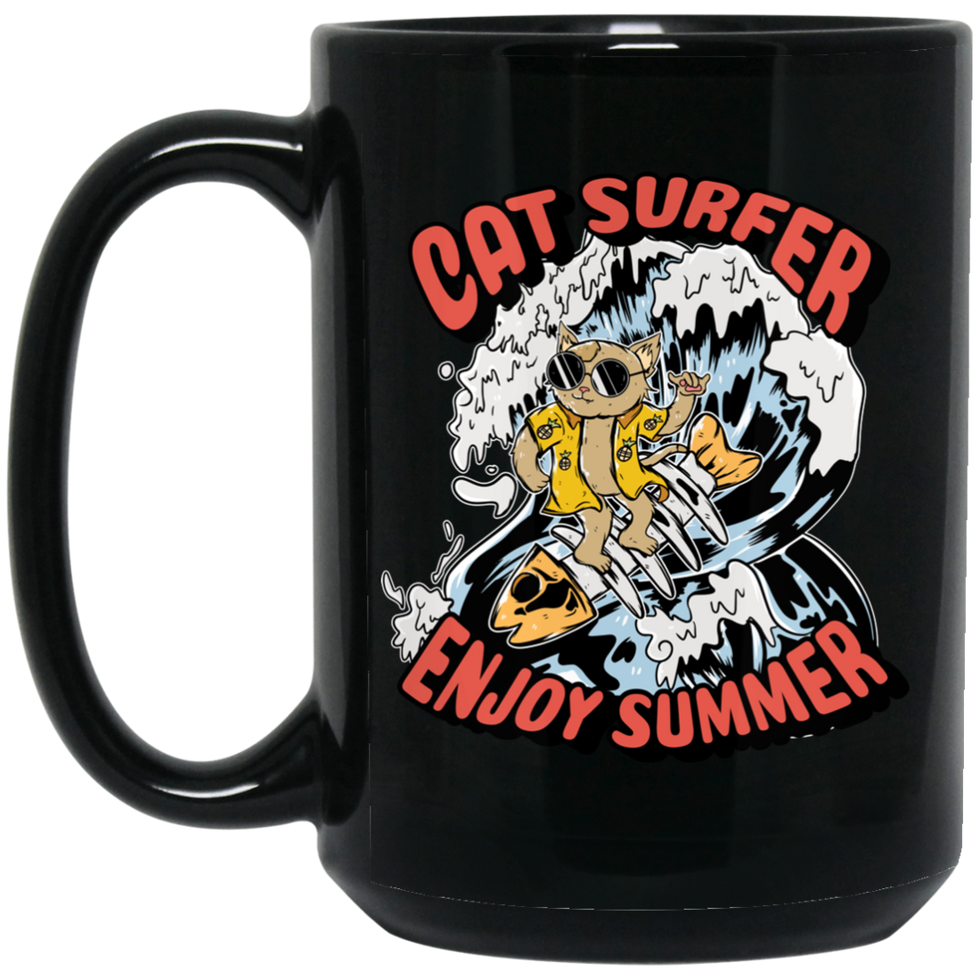 Cat Surfer Enjoy Summer, Surfing On The Beach, Summer Vacation Black Mug