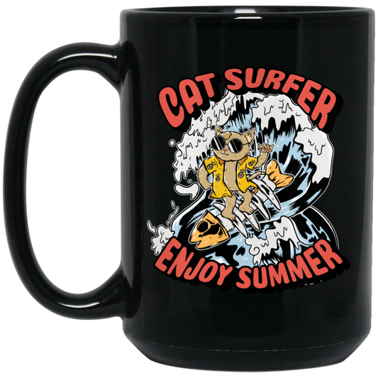 Cat Surfer Enjoy Summer, Surfing On The Beach, Summer Vacation Black Mug
