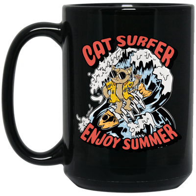 Cat Surfer Enjoy Summer, Surfing On The Beach, Summer Vacation Black Mug