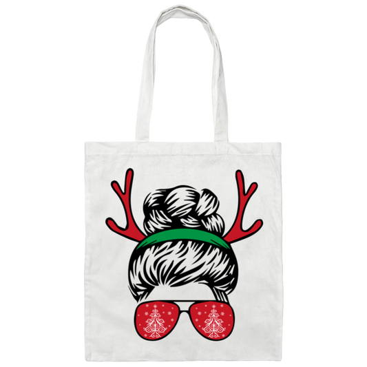 Messy Bun Girl, Girl With Deer Horn, Christmas Tree In Glasses, Merry Christmas, Trendy Chrismas Canvas Tote Bag