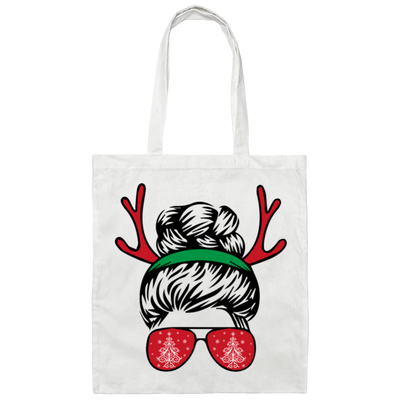 Messy Bun Girl, Girl With Deer Horn, Christmas Tree In Glasses, Merry Christmas, Trendy Chrismas Canvas Tote Bag