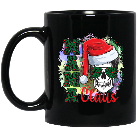 Mama Claus Santa Lady Skull, Skull Lovers, Santa Hat, Leopard Print, Merry Christmas Holiday Womens Black Mug