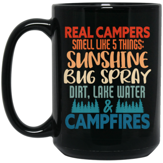 Campers Gift, Real Campers, Smell Like 5 Things, Retro Camping Quote Black Mug