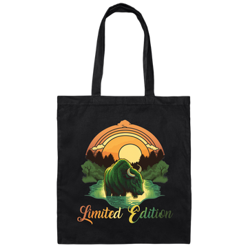 Green Bison With A River, Sunset And Treeline, Love Cow, Cow In Sunset Canvas Tote Bag