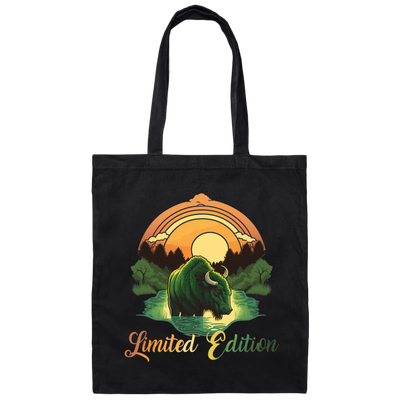 Green Bison With A River, Sunset And Treeline, Love Cow, Cow In Sunset Canvas Tote Bag