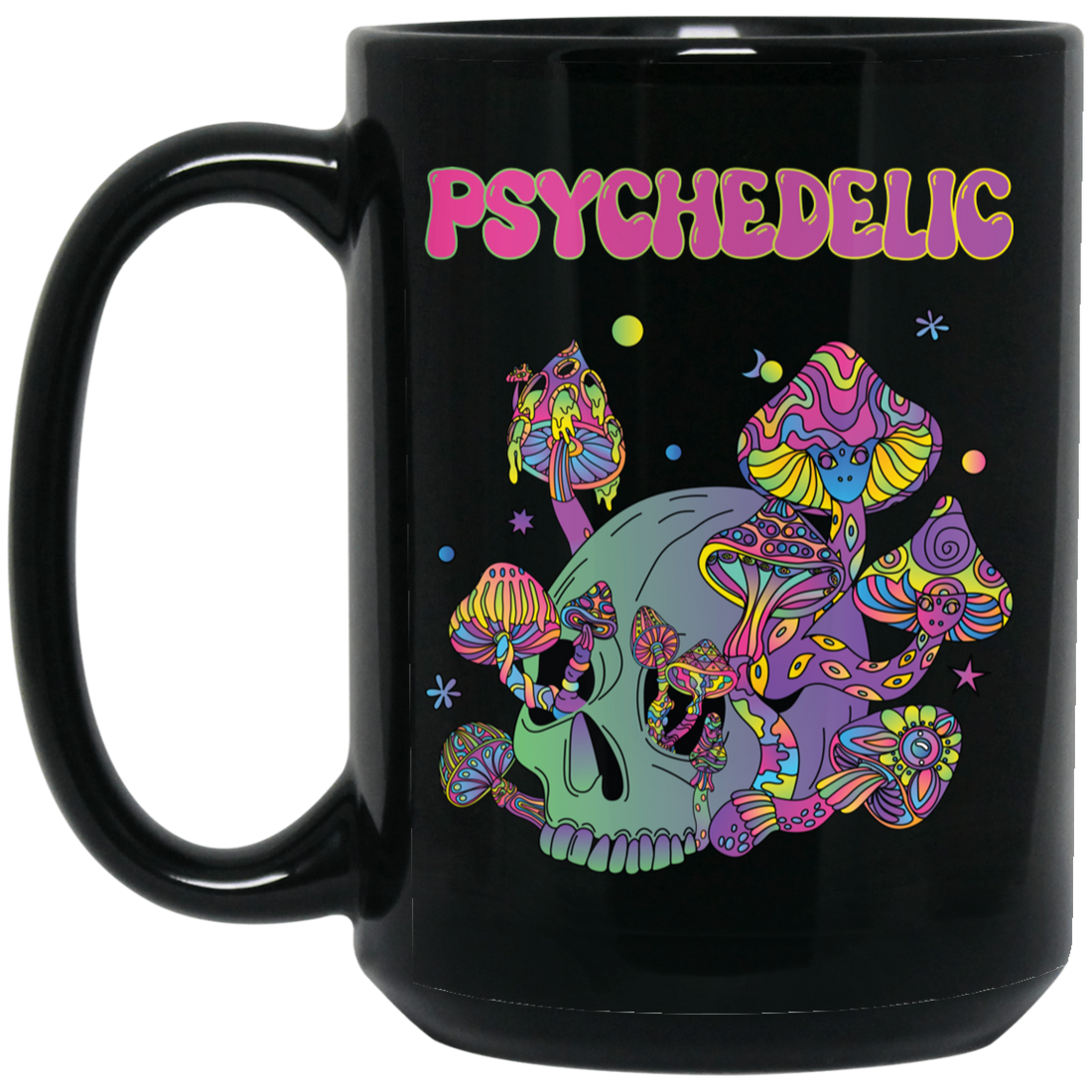Psychedelic, Magic Mushroom, Mushroom And Skull Psycho Black Mug