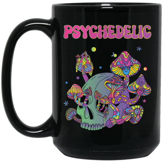 Psychedelic, Magic Mushroom, Mushroom And Skull Psycho Black Mug