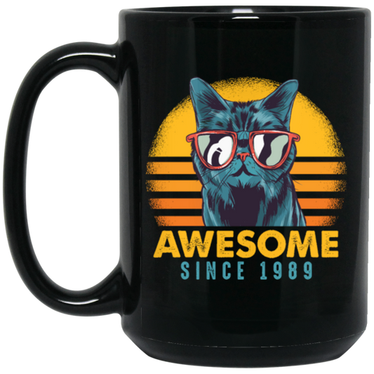 1989 Birthday Gift, Cat Lover Gift, Awesome Since 1989, Retro Cat Gift Black Mug