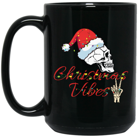 Christmas Vibes, Skull In Christmas, Skull Wear Christmas Hat, Merry Christmas, Trendy Christmas Black Mug