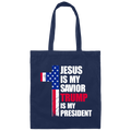 Front view of navy cotton canvas tote bag with distressed patriotic cross and faith message