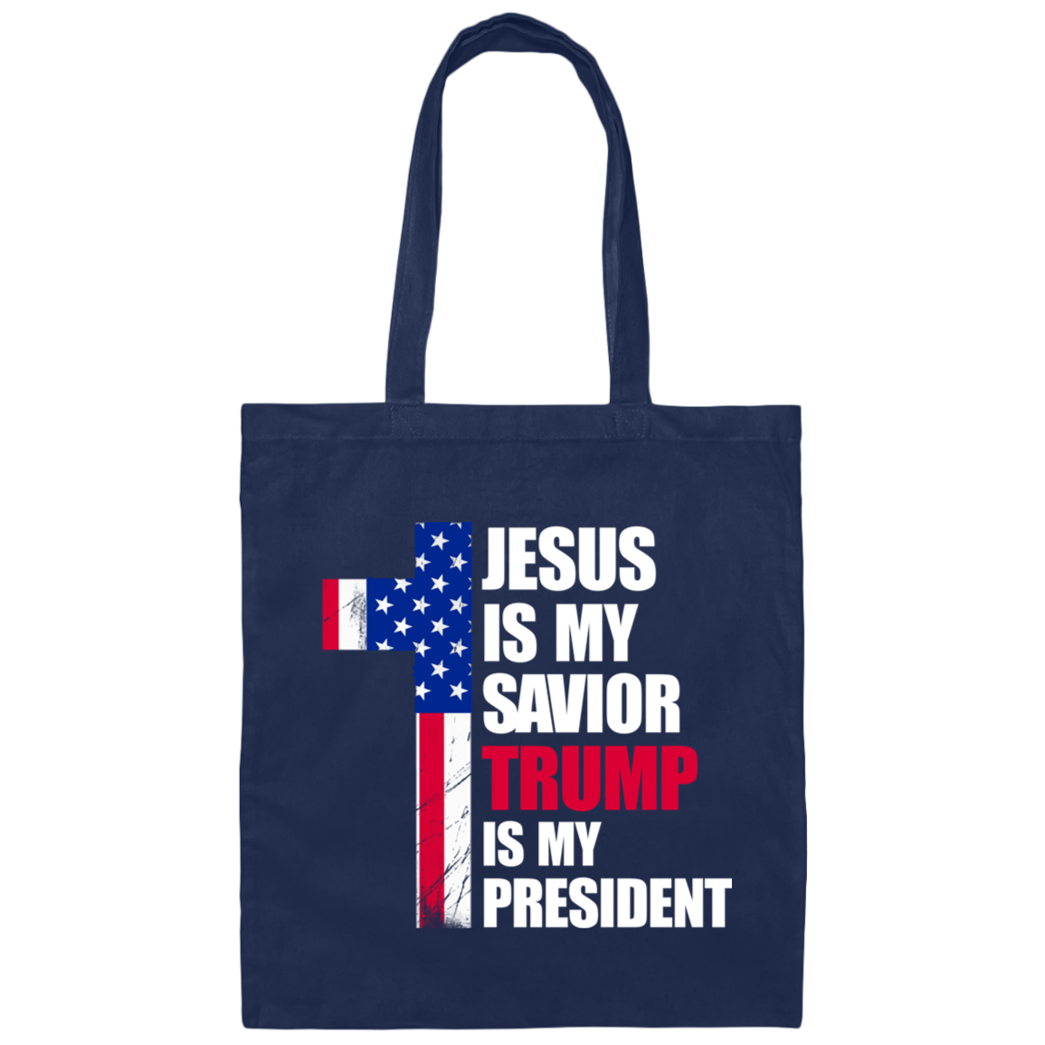 Front view of navy cotton canvas tote bag with distressed patriotic cross and faith message