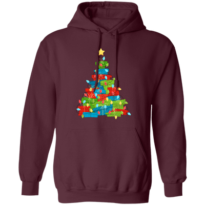 Christmas Tree Made From Gift Box, Xmas Light Line, Merry Christmas, Trendy Christmas Pullover Hoodie