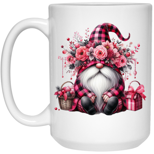 Pink Gnome, Cute Christmas, Cute Gnome, Pink Plaid White Mug