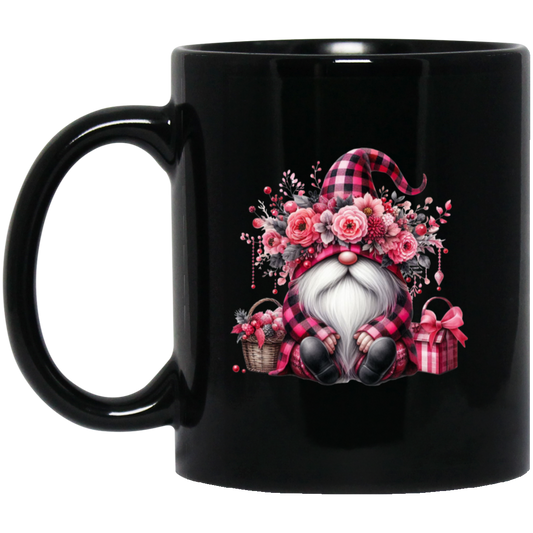 Pink Gnome, Cute Christmas, Cute Gnome, Pink Plaid Black Mug