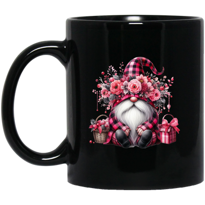 Pink Gnome, Cute Christmas, Cute Gnome, Pink Plaid Black Mug