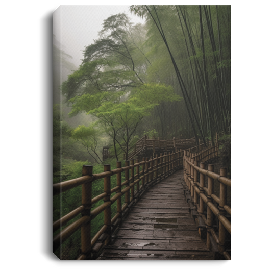 Drizzle In Bamboo Forest, Endless Mountain, Small Bridge In The Forest Canvas