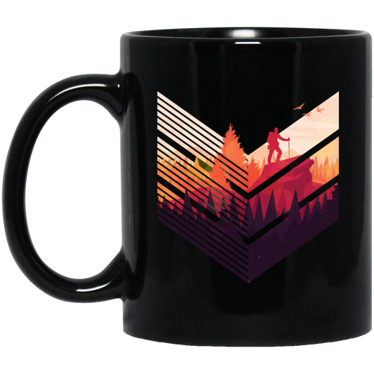 Super Cool, Colorful Hiker, Recognized A Mountain, Colorful Forest And Some Geometric Black Mug