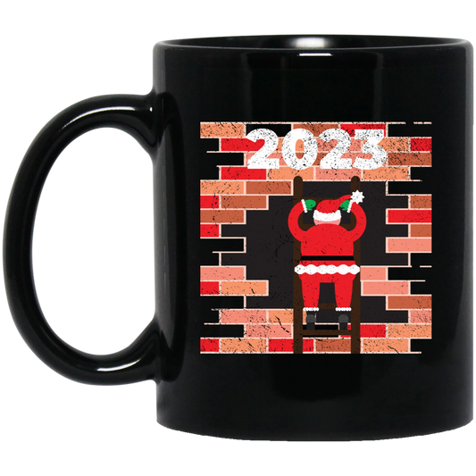 2023 Christmas, Build The Wall, Santa Building Wall, Merry Christmas, Trendy Christmas Black Mug