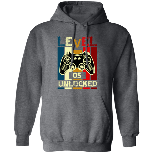 Gamer Love Gift, Level 5 Unlocked, Retro Style For 5th Birthday, Love 5th Pullover Hoodie