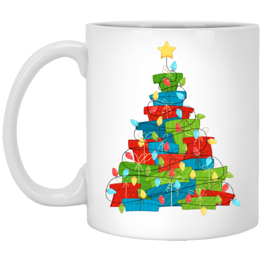 Christmas Tree Made From Gift Box, Xmas Light Line, Merry Christmas, Trendy Christmas White Mug