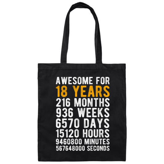 Awesome 18th Birthday, 18 Years Old, Love 18th Gift, 18th Year In Life Canvas Tote Bag