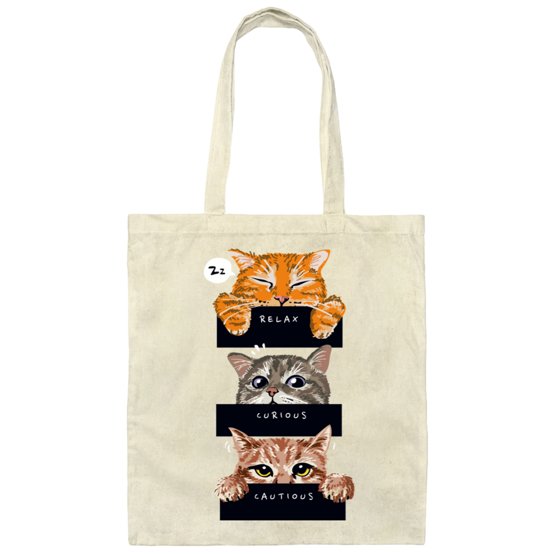 Relax Cat, Curious Cat, Cautions Cat, Three Cats Canvas Tote Bag