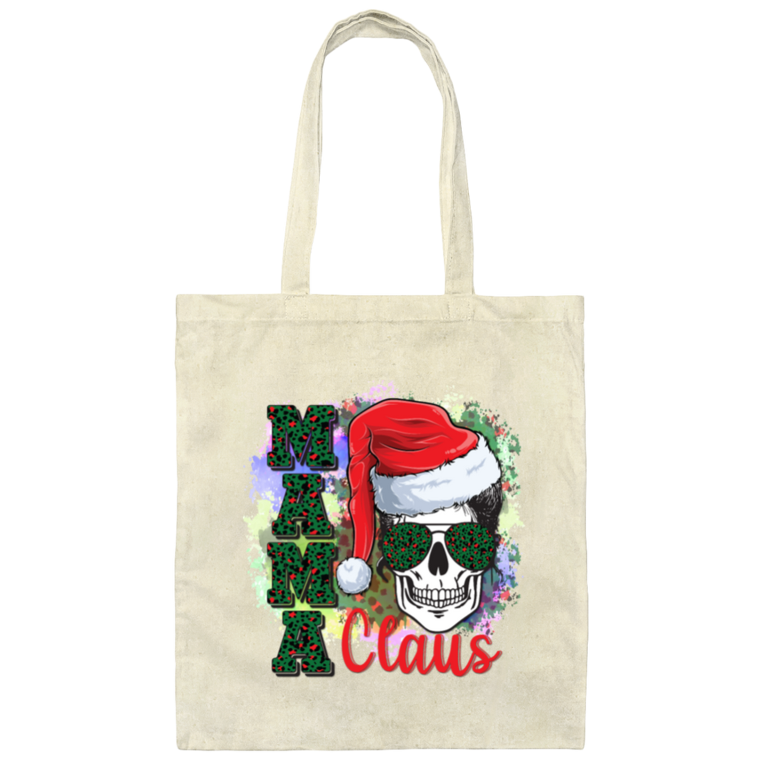 Mama Claus Santa Lady Skull, Skull Lovers, Santa Hat, Leopard Print, Merry Christmas Holiday Womens Canvas Tote Bag