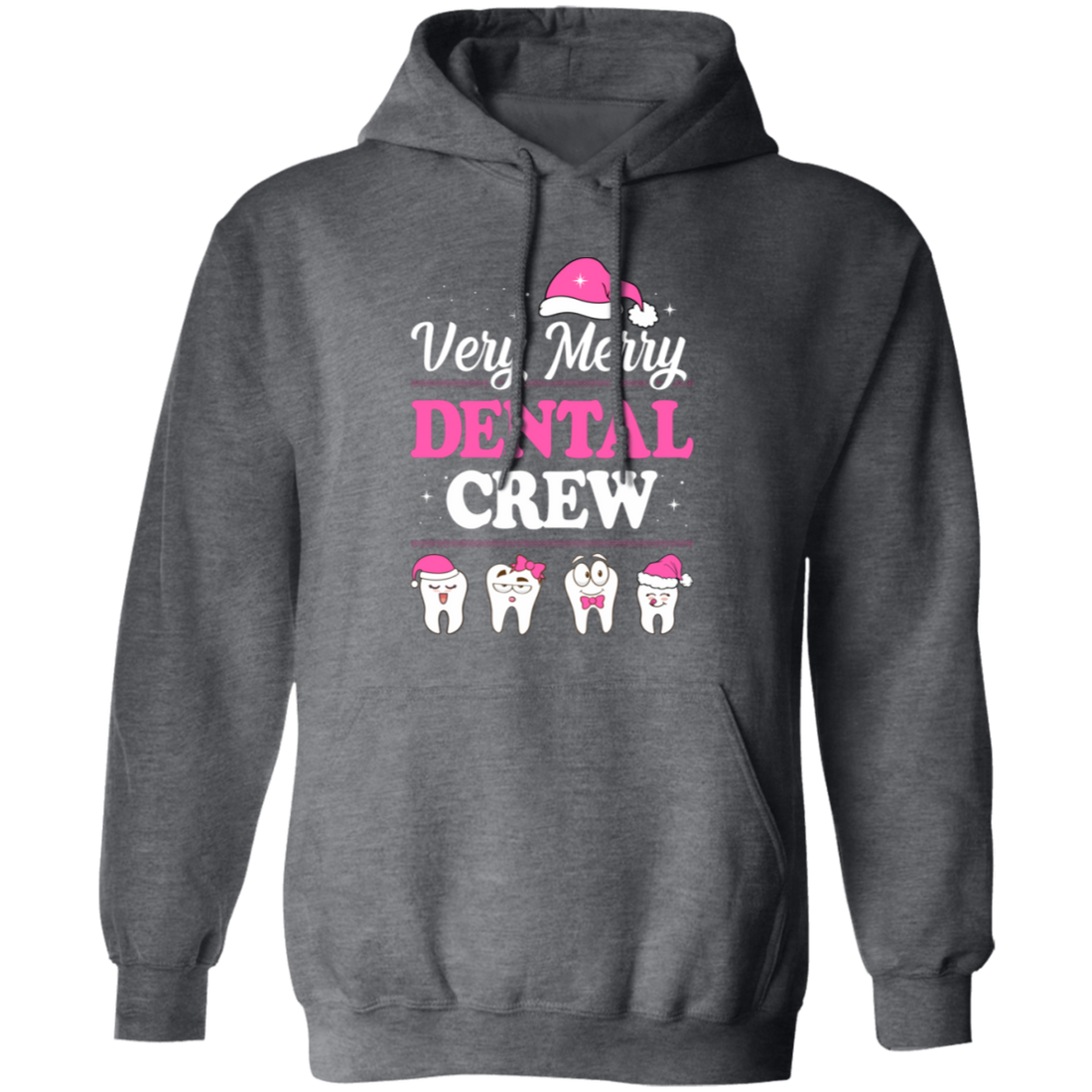 This Very Merry Dental Crew Pullover Hoodie is perfect for making a statement this holiday season! The trendy Christmas design features a set of charming teeth, adding a playful twist to a classic Christmas motif. Stay stylish and comfortable while showing off your love for all things dental with this unique and festive hoodie.