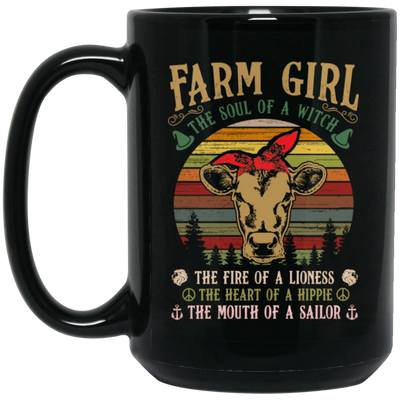 Farm Girl, Cute Cow Retro Gift, The Soul Of A Witch, Vintage Cow Black Mug