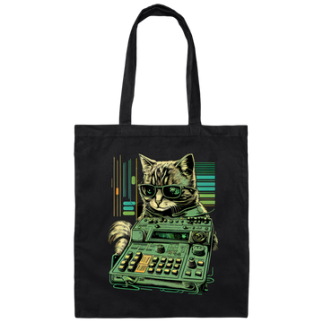 Cat Lover, Cool Cat, Cat Synthesizer, Analogue Synth Vintage Studio Gear Canvas Tote Bag