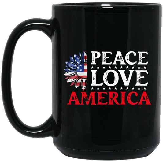 Peace Love American, American Flag, American Sunflower Black Mug