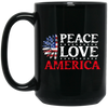 Peace Love American, American Flag, American Sunflower Black Mug