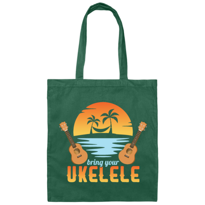 Funny Ukulele Beside The Beach And Palm Tree Hawaiian Musician Canvas Tote Bag