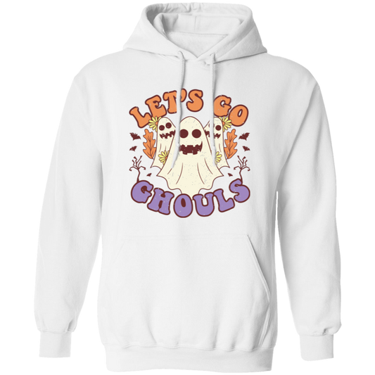 Bring Halloween cheer to your wardrobe with this Let's Go Ghouls, 3 Boos, Funny Boo, Groovy Halloween Pullover Hoodie. This hoodie has Let's Go Ghouls printed large across the front, and three small boos placed around it. A fun and festive Halloween design for everyone to enjoy.