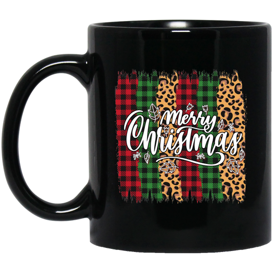 Plaid Pattern, Retro Christmas, Leopard Christmas, Merry Christmas, Trendy Christmas Black Mug