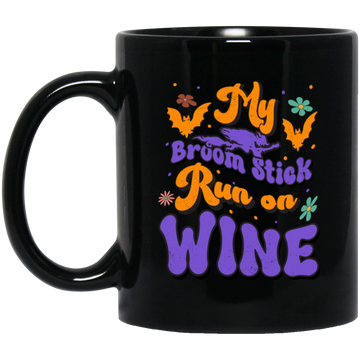 Fly Broom Stick, Run On Wine, Halloween's Day Black Mug