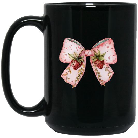 Pink Bow, Strawberry Lover, Strawberries Bow, Xmas Gift Black Mug