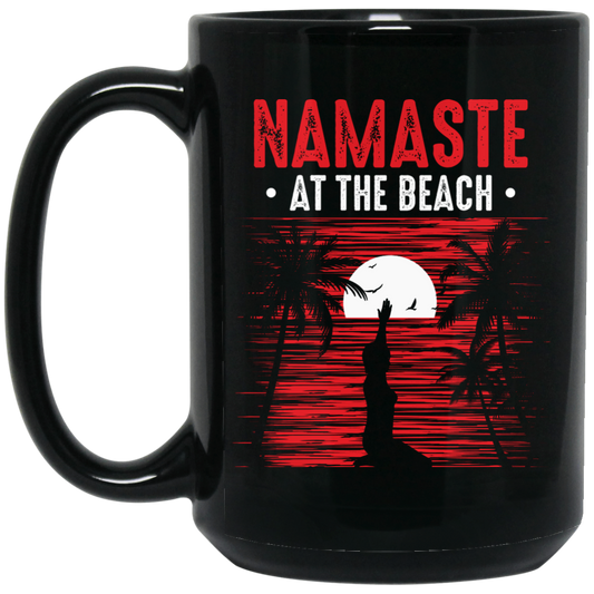 Namaste At The Beach, Retro Yoga, Yoga On Seaside Black Mug