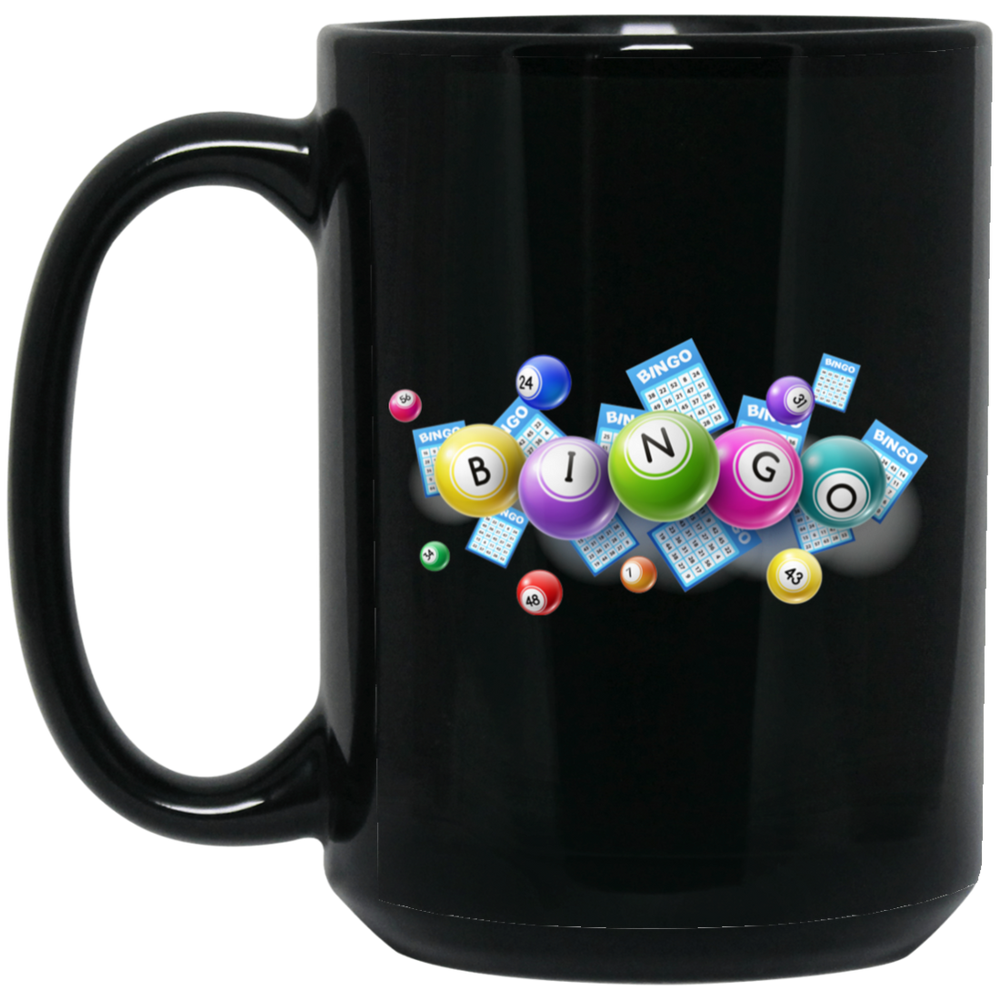Bingo Balls And Bingo Tickets, Lottery Ticket, Win Bingo Black Mug