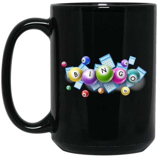 Bingo Balls And Bingo Tickets, Lottery Ticket, Win Bingo Black Mug