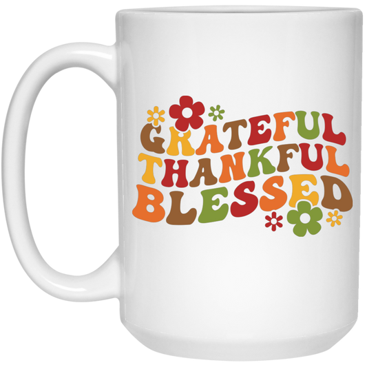 Grateful, Thankful, Blessed, Thanksgiving, Fall Season White Mug