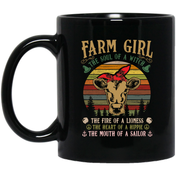 Farm Girl, Cute Cow Retro Gift, The Soul Of A Witch, Vintage Cow Black Mug