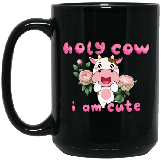 Holy Cow, I Am Cute, Cute Cow, Flower With Cow, Lovely Cow, Merry Christmas, Trendy Chrismas Black Mug