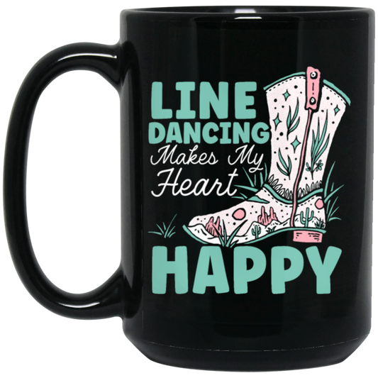 Cowboy Gift, Line Dancing Makes My Heart Happy Vintage Black Mug