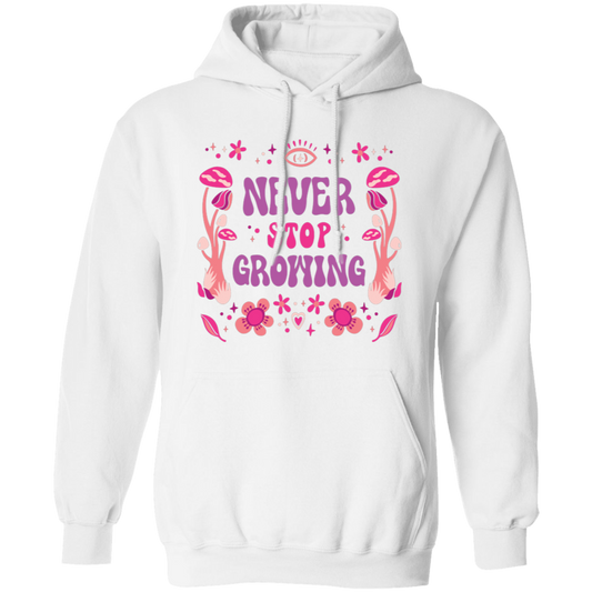 This Never Stop Growing, Mushroom Groovy, Groovy Growing Pullover Hoodie is a stylish and comfortable addition to your wardrobe. It is made of ultra-soft cotton and features a unique mushroom groovy print to add some fun to your look. This hoodie is designed to keep you warm and cozy on chilly days.