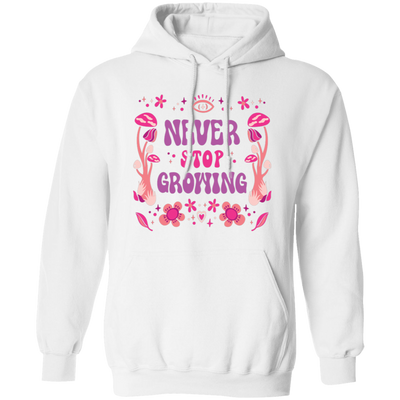 This Never Stop Growing, Mushroom Groovy, Groovy Growing Pullover Hoodie is a stylish and comfortable addition to your wardrobe. It is made of ultra-soft cotton and features a unique mushroom groovy print to add some fun to your look. This hoodie is designed to keep you warm and cozy on chilly days.