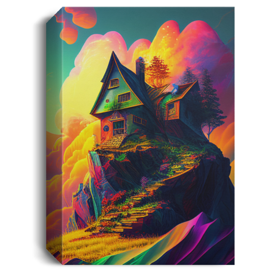 Villa Psychedelic, Art Cottage, Realistic Mountaintop, A Bright Sunny Day, Neon Cloud Canvas