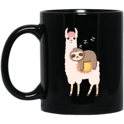 Sloth Laying On Llama, Sloth Sleeping, Cute Llama Black Mug