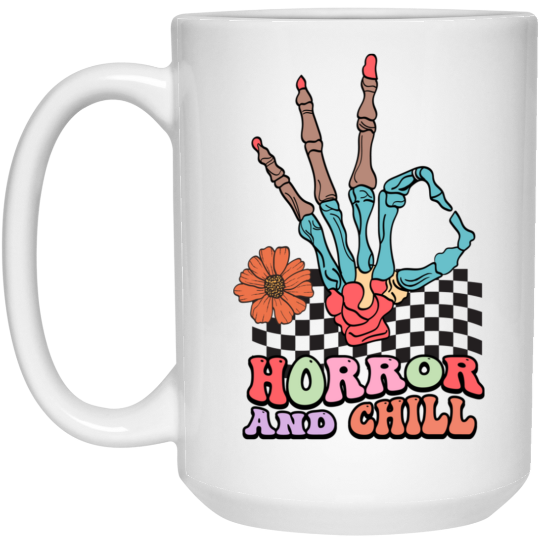 Horror And Chill, Skeleton Hand, Okay Sign, Groovy Skeleton White Mug
